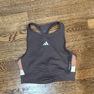 adidas Brown High-Neck Crop Top with Pink and Cream Panels